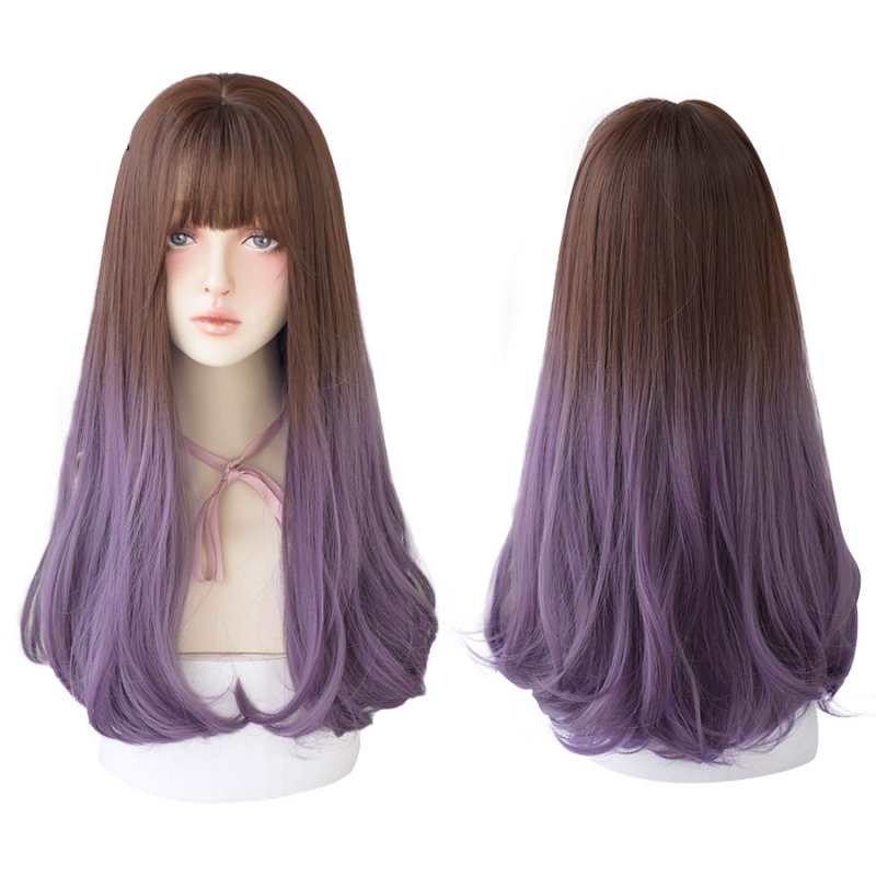 Parrucche lunghe con frangia per donna, capelli scalati, nere, viola, resistenti al calore, parrucca naturale alla moda, vendita all'ingrosso