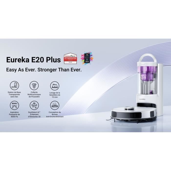 EUREKA E20 Plus - Robot aspirapolvere con stazione di svuotamento automatica - 8000 Pa - Anti-groviglio - Evitamento ostacoli 3D
