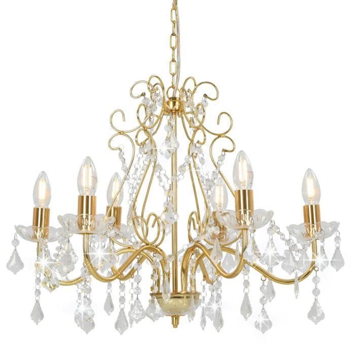 Lámpara colgante vidaXL, 6 bombillas E14, 60x44 cm, base de metal dorado con cuentas de cristal acrílico, lámpara elegante 281603