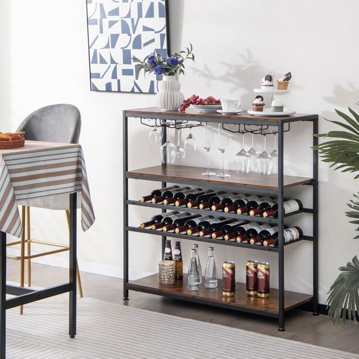 GOPLUS 5 Niveaux Étagère à Vin 22 Bouteilles, 4 Rangées Porte-Verres et 3 Étagères de Rangement, pour Cuisine/Garde-Manger/Cave/Bar