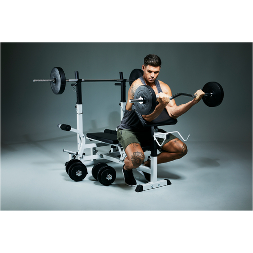 „Gorilla Sports“ universalus treniruočių stovas su 100 kg vinilo svarmenų rinkiniu
