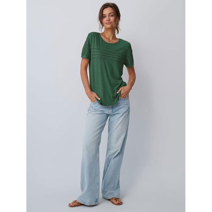 Camiseta de manga corta con cuello redondo, elegante y cómoda para mujer, color verde.
