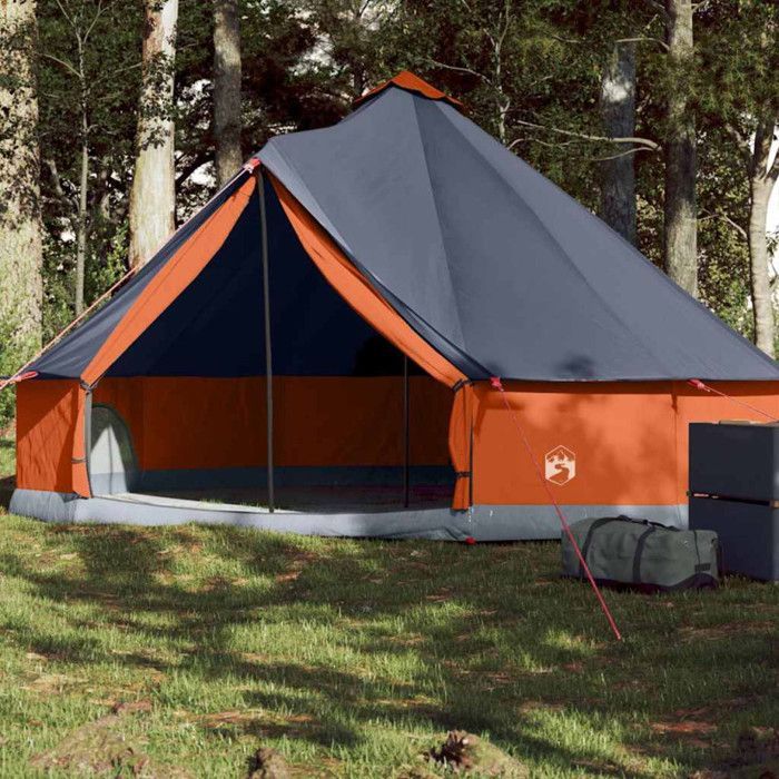 Tenda tipi per famiglie, impermeabile, grigia e arancione, per 6 persone.