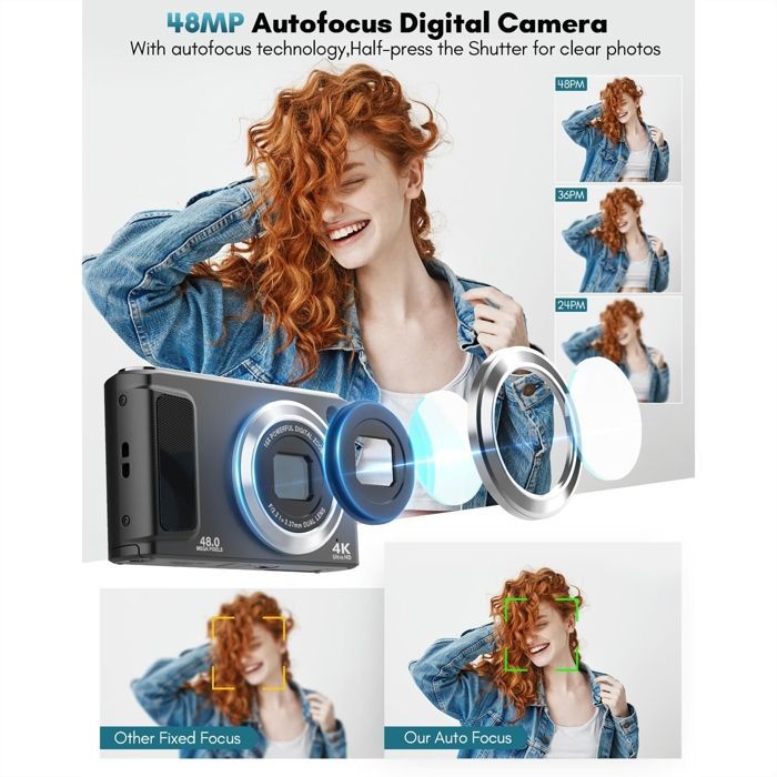 Câmera digital INF 4K HD com lentes frontal e traseira e estabilização, branca.