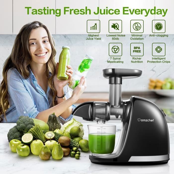 AMZCHEF BPA-Free Slow Juicer Cold Press Fruit and Vegetable Juicer, Black