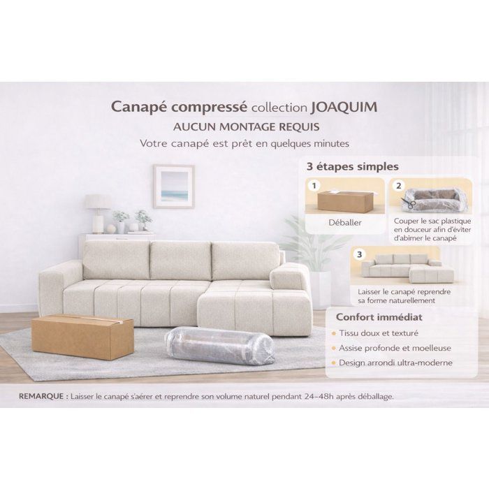 Canapé compressé modulable - 3 places - JOAQUIM - Tissu Beige crème - 255 x 162 x 86 cm