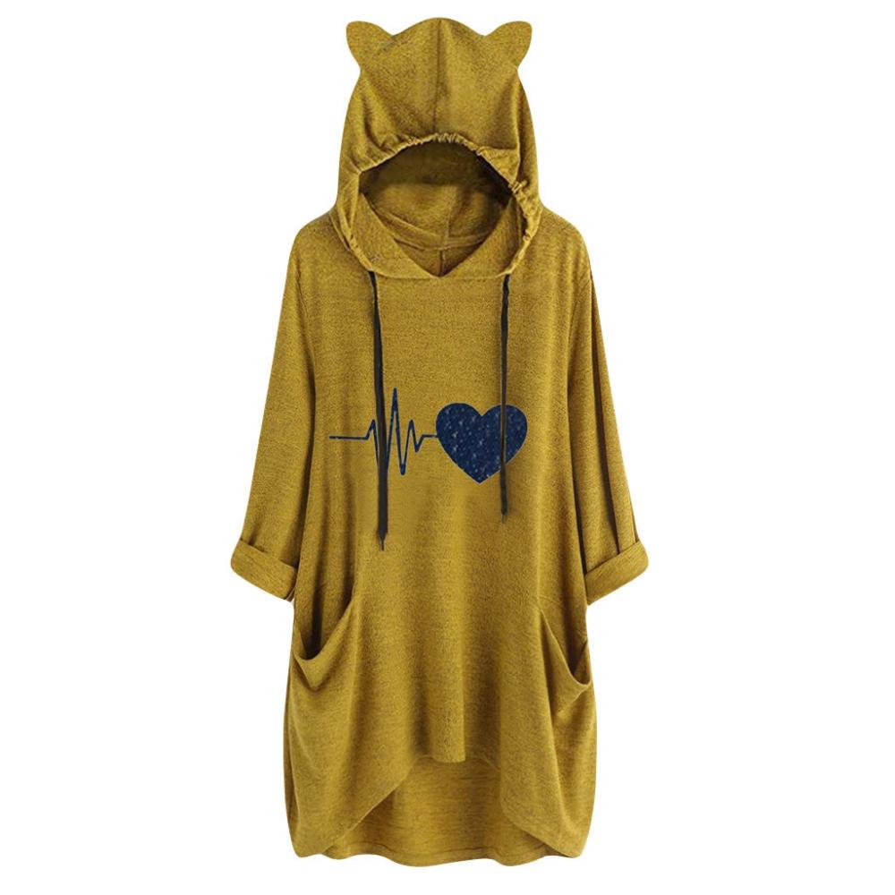 Blouses à capuche décontractées pour femmes, imprimées oreilles de chat, manches longues retroussables, poches, coupe asymétrique, sweat-shirts féminins oversize
