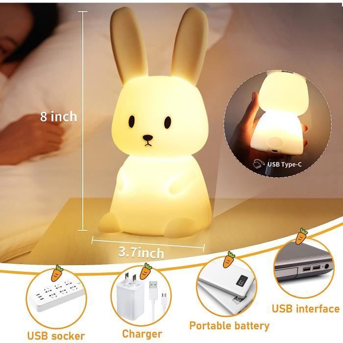 Baby Bunny Touch Natlampe med 7 lysfarver og timerfunktion, Sengelampe til Børneværelse, Gaveleje Natlampe
