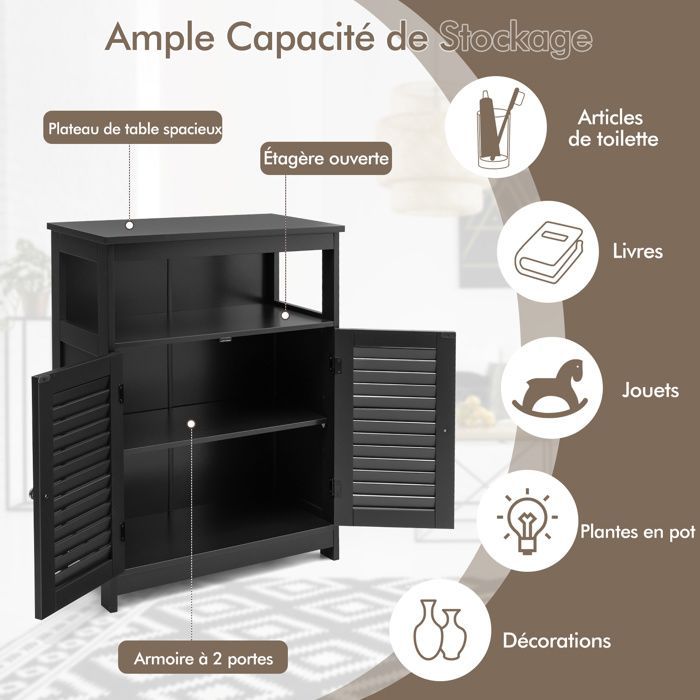COSTWAY Meuble de Rangement pour Salle de Bain en Bois avec Placard 2 Portes à Volet Etagère Réglable pour Salle de Bain Salon Noir
