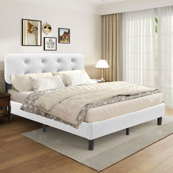 160x200 cm Bed Frame, Metal Slatted Base for Adults, Headboard and Upholstery, Easy Assembly, Sturdy Bed Structure