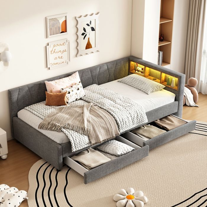 Banquette Lit Lin Gris 90x200 cm avec LED Télécommande, Prises USB Type-C, 2 Tiroirs et Rangement Tête de Lit, Canapé Convertible