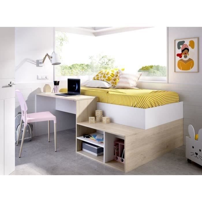 KRIC Children's Combination Bed - Natural Oak and White - Desk and Storage - 90x190 cm