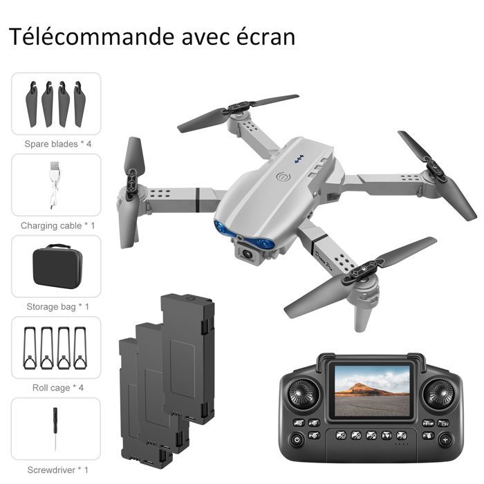 Drone con telecamera, telecomando con schermo, quadricottero RC pieghevole per principianti, giocattolo per bambini e bambine, regalo di Natale, grigio