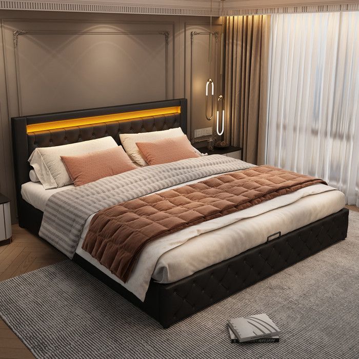 Letto matrimoniale 180x200 cm - PU - Illuminazione a LED - Sistema di contenimento idraulico - 2 posti nero