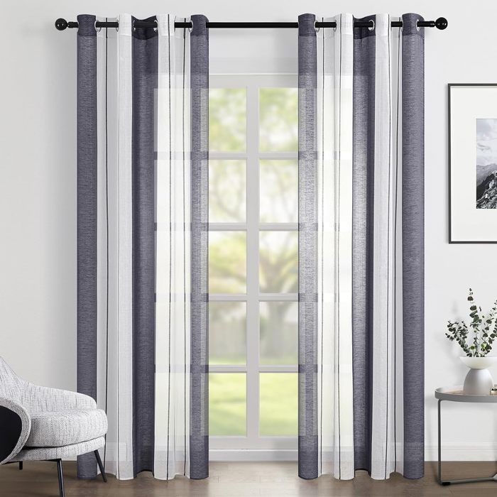 Topfinel Rideau Voilage 140x160cm BlancGris Rayures Lot de 2 Transparent Voilage Fenetre à œillets d'intérieur pour Salon Chambre