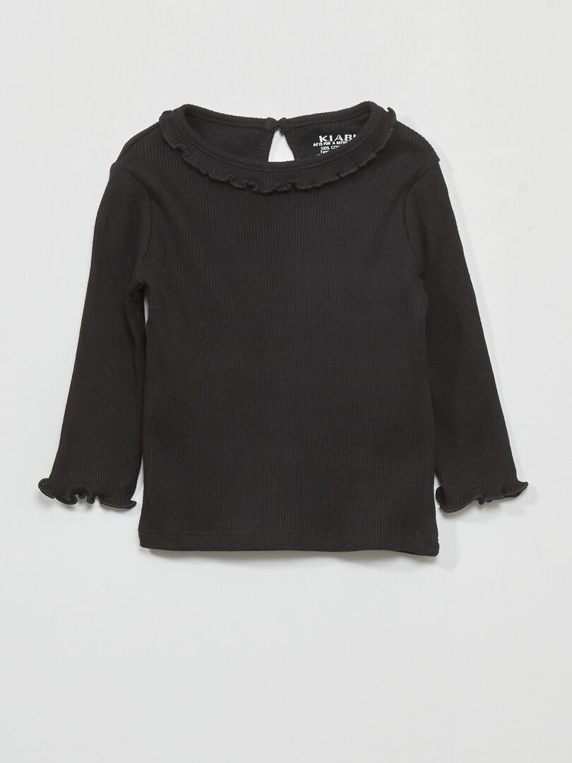 Camiseta de punto acanalado con cuello de volantes - Negra