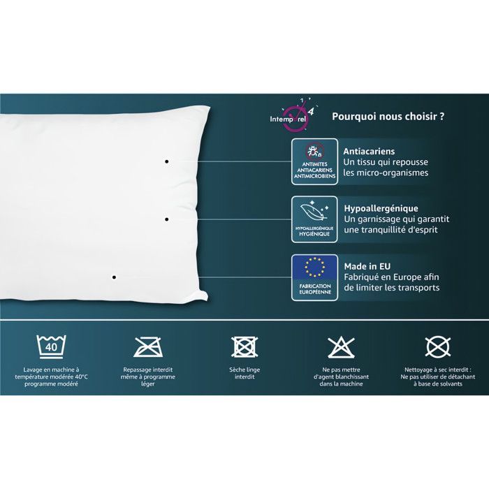 Oreiller confort anti-acarien 60x60 cm, par Intemporel