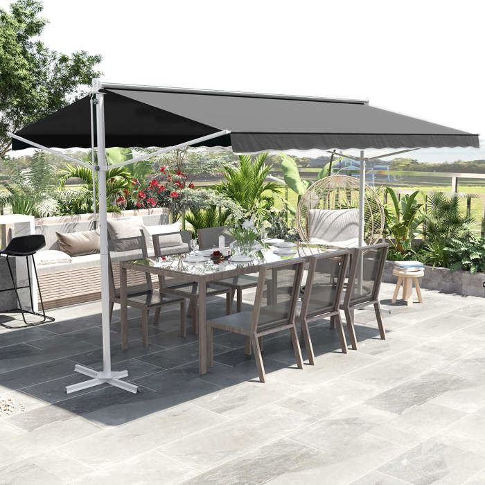 Store Double Pente 4 x 3 m Manuel rétractable Inclinaison réglable métal époxy Blanc Polyester imperméabilisé Anti-UV Gris