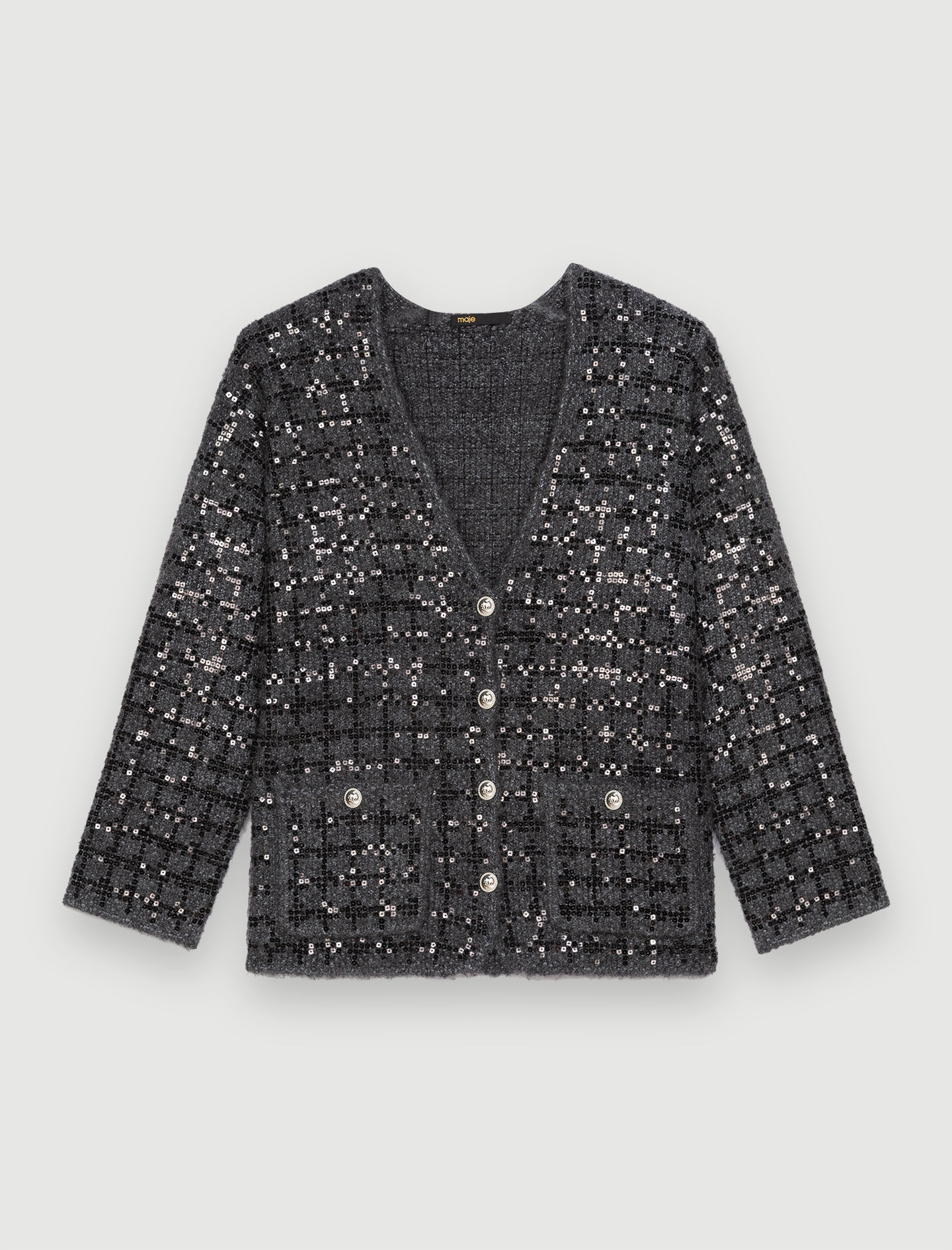 Gebreid vest met pailletten en tweed-effect - Grijs