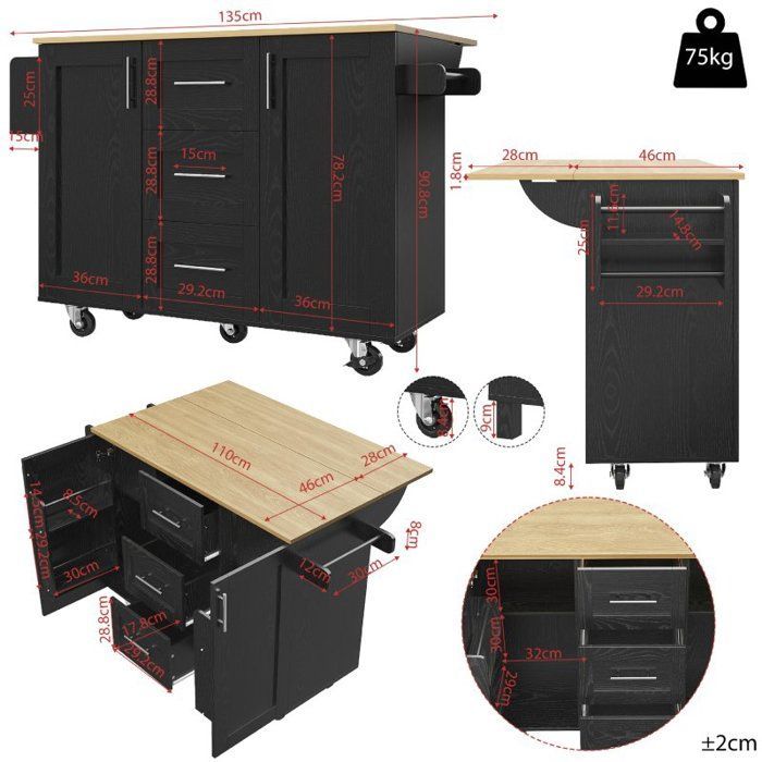 Kitchen trolley - LANGTU - Mobile island with folding sides - 135x46x86.6 cm - 5 lockable casters - 3 drawers