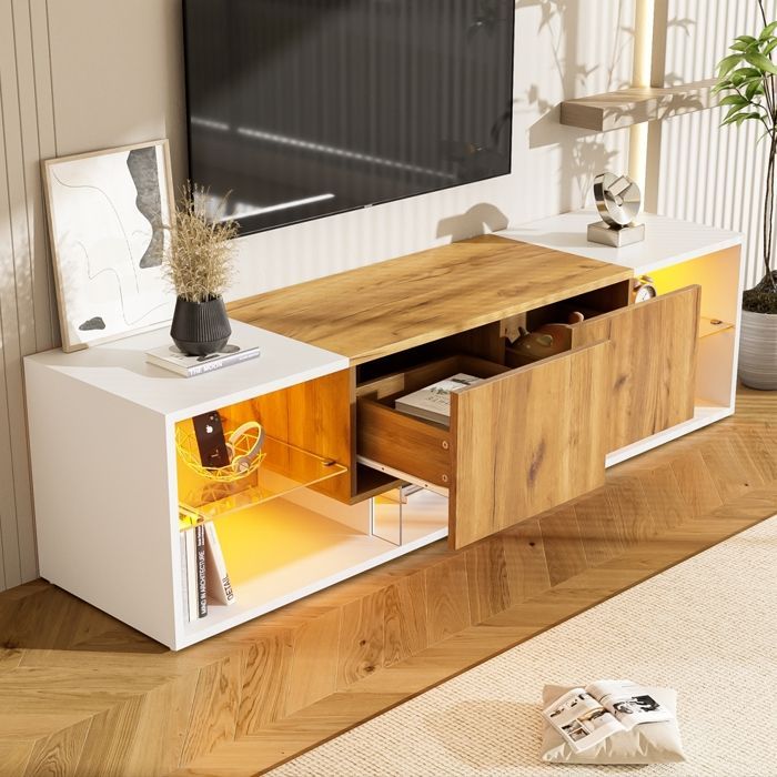 Mueble para TV - TANANT - Moderno - Iluminación LED - 5 estantes - 2 cajones - Blanco