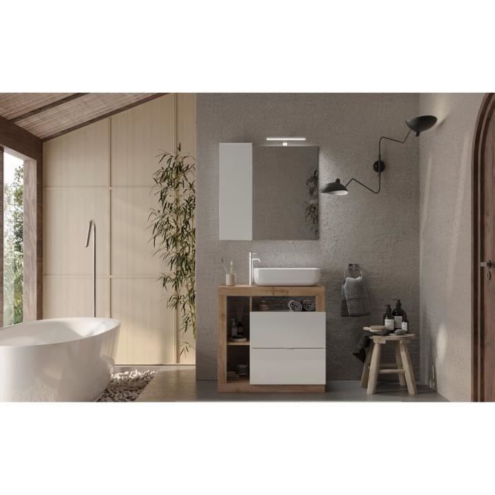 Mueble de baño con lavabo individual, 78 cm de ancho - Acabado en roble claro y laca blanca - HAMBURGO