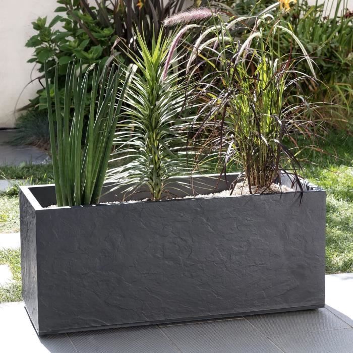 Vaso de plantas - EDA - Volcania - 98 L - Interior/Exterior - Acabamento em pedra - 99,5 x 39 x A. 43 cm - Cinza antracite