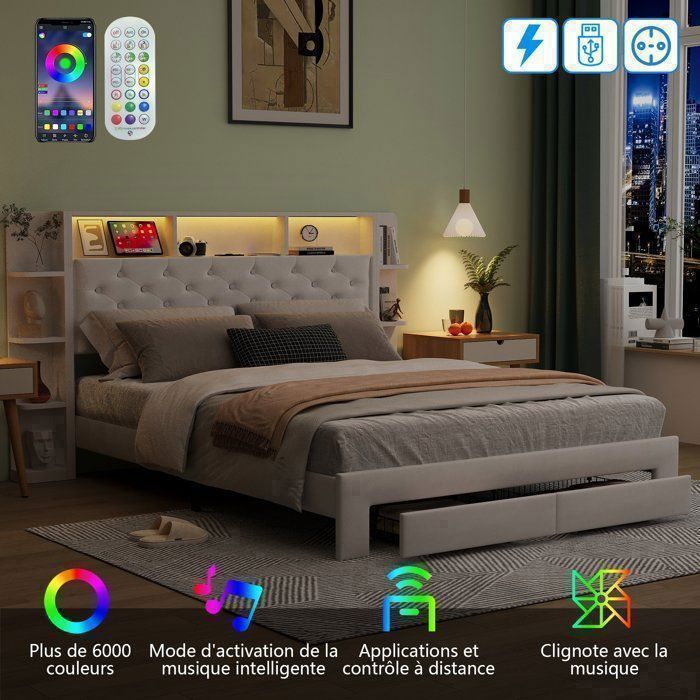 Complete slaapkamerinrichting voor volwassenen, bestaande uit een bedframe van 160x200 cm, een tweepersoonsbed, een opbergbed van 160x200 cm, een LED-bed van 160x200 cm, een USB-poort, opbergruimte, LED-verlichting, 2 lades, fluweel en wit.