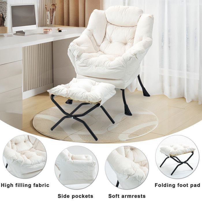Sillón reclinable de 75x80x85 cm con reposapiés plegable, mecedora con bolsillos laterales, silla de lactancia, blanco