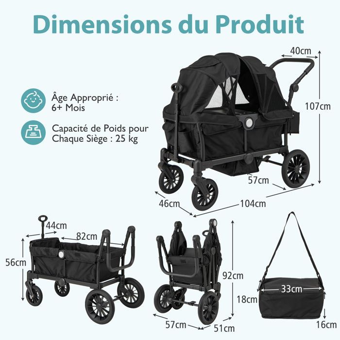 GOPLUS Poussette Double Pliable pour Bébé,Landau à 2 Places avec Roues Tout-terrain,Canopée Pliable,Poignée Réglable,Noir