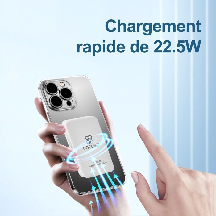DOCCMIK Batterie externe magnétique 10000mah 22.5w batterie portable sans fil et filaire chargeur portable Compatible iPhone Blanc