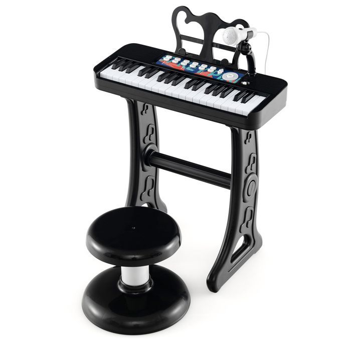 Piano infantil DREAMADE - Teclado de 37 teclas para niños - Micrófono - Taburete cómodo - Atril extraíble - Negro