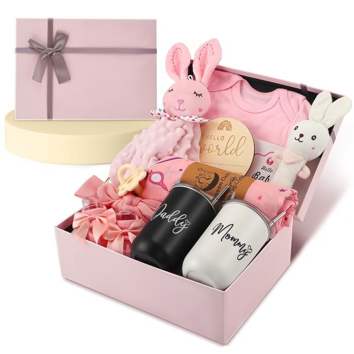 12 Pièces Coffret Naissance Fille,Cadeau Naissance Fille,Cadeau Baby Shower Pour Fille,Avec Vêtements, Serviettes De Bain,Peluches
