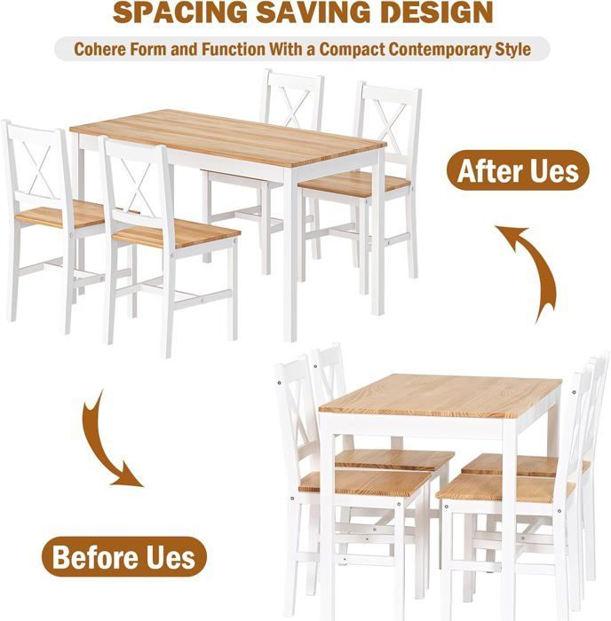 SogesHome eettafelset met 4 stoelen van MDF-hout, eenvoudig ontwerp voor de eetkamer, wit teak
