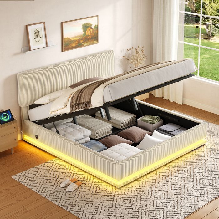 Cama con almacenamiento de 180x200 cm - con almacenamiento integrado, iluminación LED y carga USB-C, cabecero ajustable, base de láminas incluida - Pana - Beige