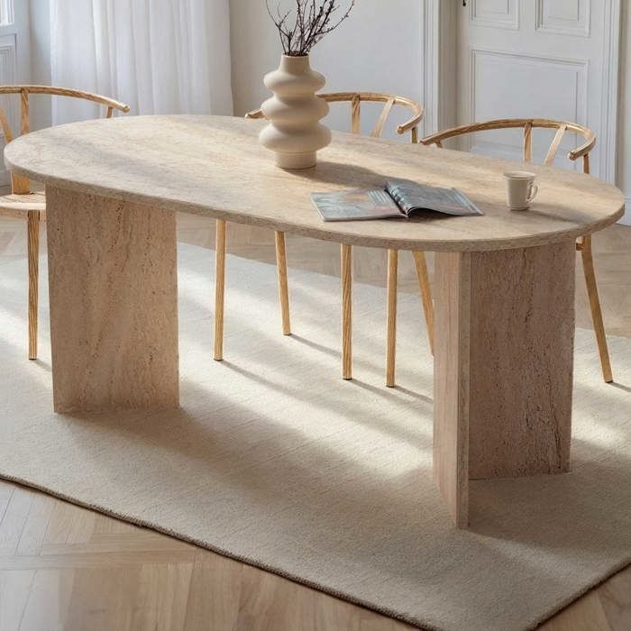 Mesa de jantar oval Sablin - 180x90x75cm - travertino