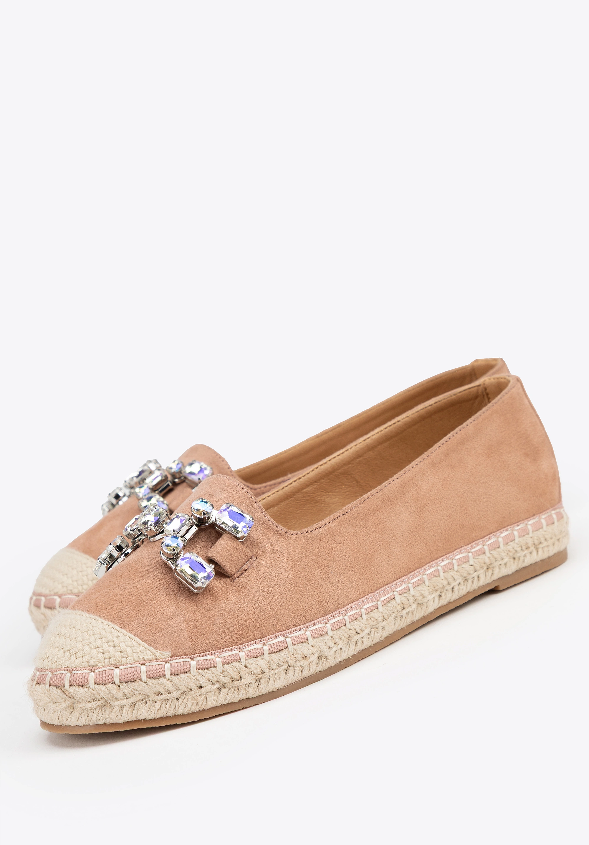 Damskie espadryle z biżuteryjną ozdobą beżowo - różowe