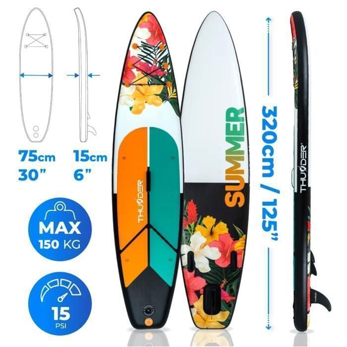 Tavola da paddle THUNDER® NOX 320 cm | Gonfiabile | Antiscivolo | Zaino | Accessori completi | Kit di riparazione