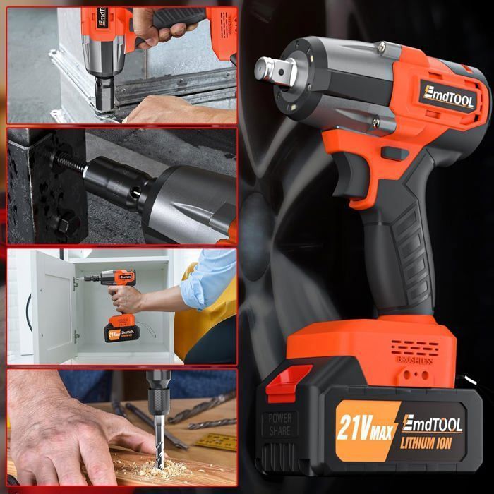 EmdTOOL 21V Brushless Lithium-Ion Cordless Impact Wrench, 6.0Ah Battery, 4 Impact Sockets, 550N.m