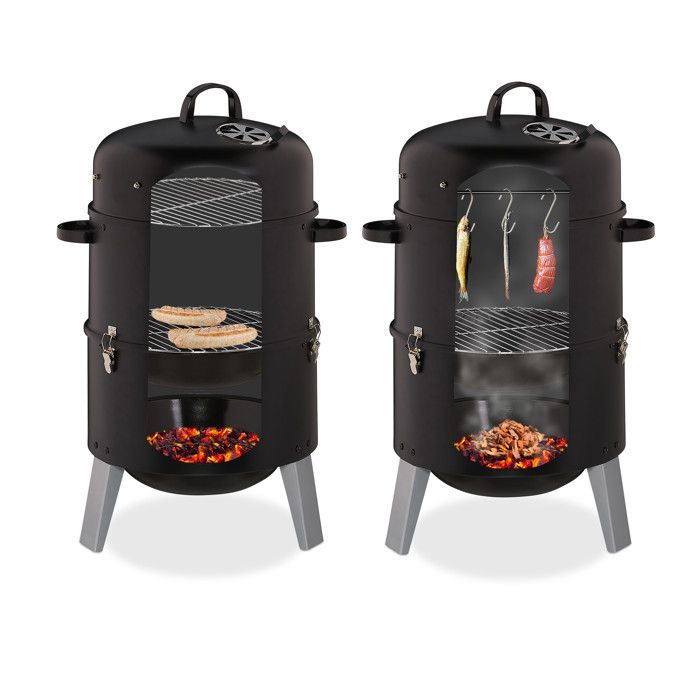 Relaxdays Fumoir 3 en 1, smoker, pour faire griller, faire fumer et macérer,  thermomètre avec sortie d’air, BBQ.