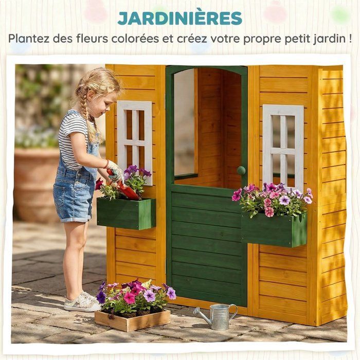 Houten buitenspeelhuisje voor kinderen, met deur, ramen en 2 bloembakken, 134,5 x 97 x 150 cm, bruin