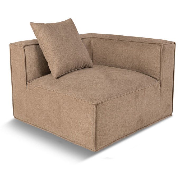 Box canapé chaiselongue, 3 coussins décoratifs beige, marron.