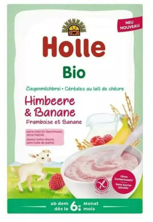 Holle Bio Kaszka ryżowa, mleczna na bazie mleka koziego malinowo-bananowa od 6 m-ca życia