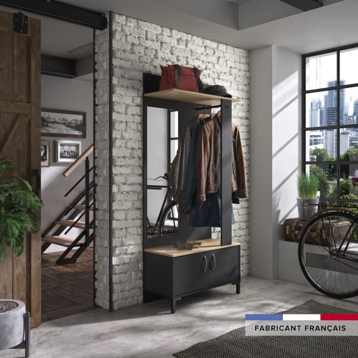 GAMI Meuble d'entrée 2 portes -  Made in France - Décor chêne sonoma et noir - L 81 x H 190 x P 37 cm - STORE