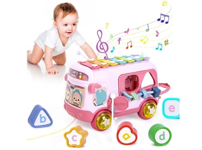 Musical toys for babies aged 12 to 18 months, for 1-year-old girls, sensory toys with bus, xylophone, shape sorter, toys for 12-18 year olds