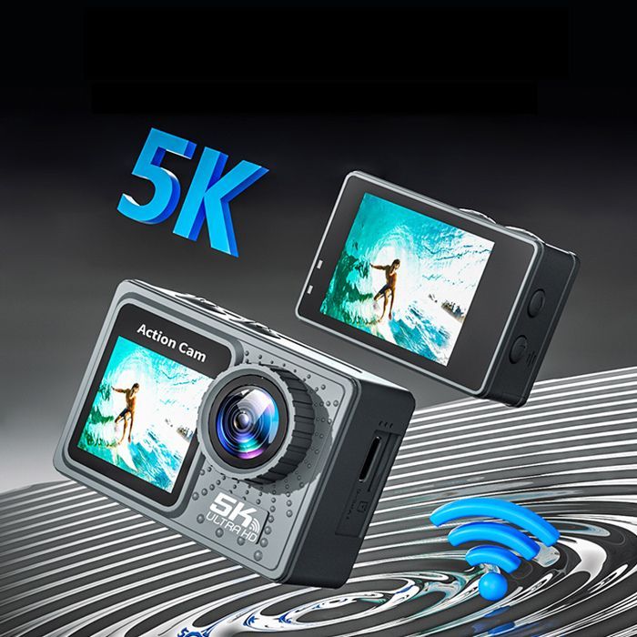 5K 30FPS Dual Touchscreen Sports Camera, 24MP, 30M Waterproof (EIS), 170° Wide Angle LCD Screen with 64GB Memory Card