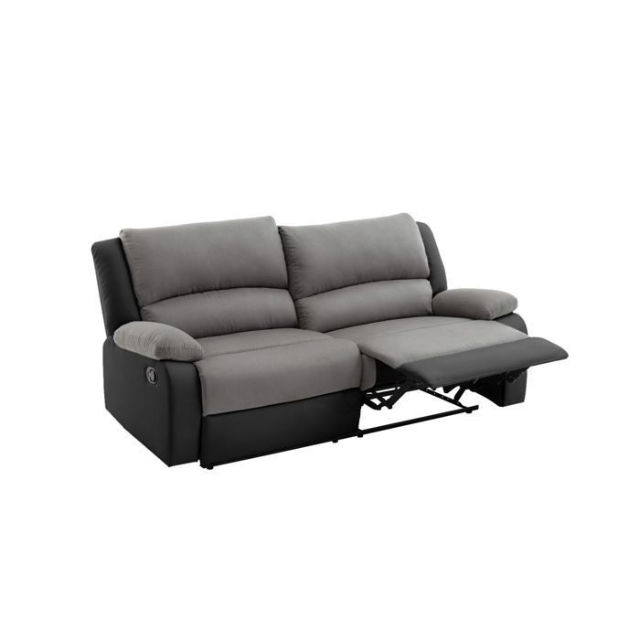 Canapé relax manuel 3 places avec 2 assises XXL LEO en microfibre et simili - Noir/Gris - L193 x P93 x H96cm - LOUNGITUDE