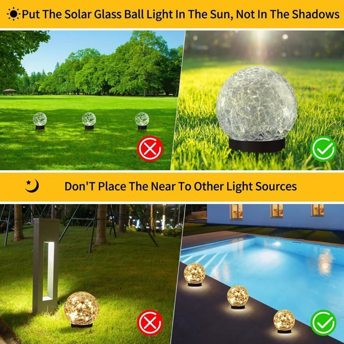 Luces solares exteriores impermeables - 0,5 W IP44 - Esferas solares para jardín, esferas de vidrio agrietado - 10 cm