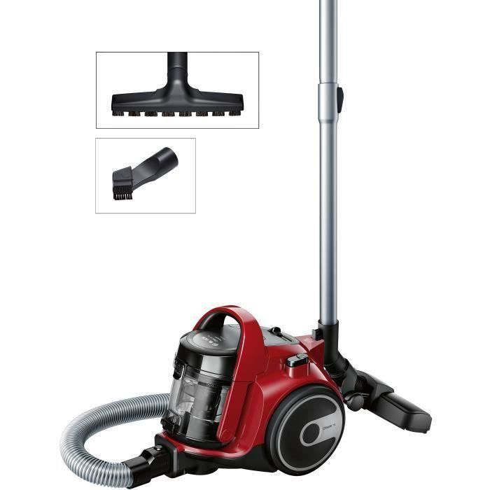 Aspiradora sin bolsa BOSCH BGC05AAA2 Cleann'n, roja - 78 dB - 28 kWh/año - (h)epa - Cable de 9 m - Capacidad de 1,5 L - Cepillo universal - Cepillo para parquet