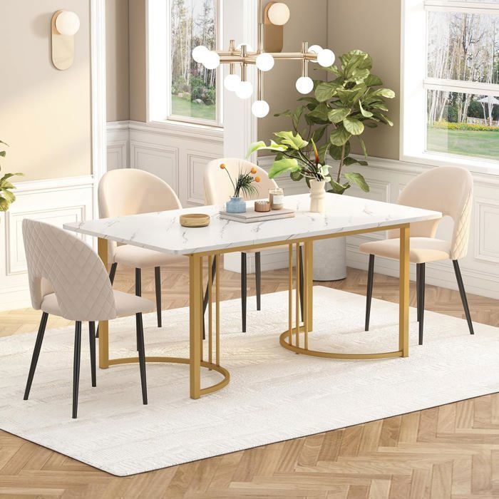 Lemonbest Table à manger rectangulaire, 140 x 80 × 75 cm, Table de cuisine moderne, Structure métal,  Motif marbre, pieds réglables